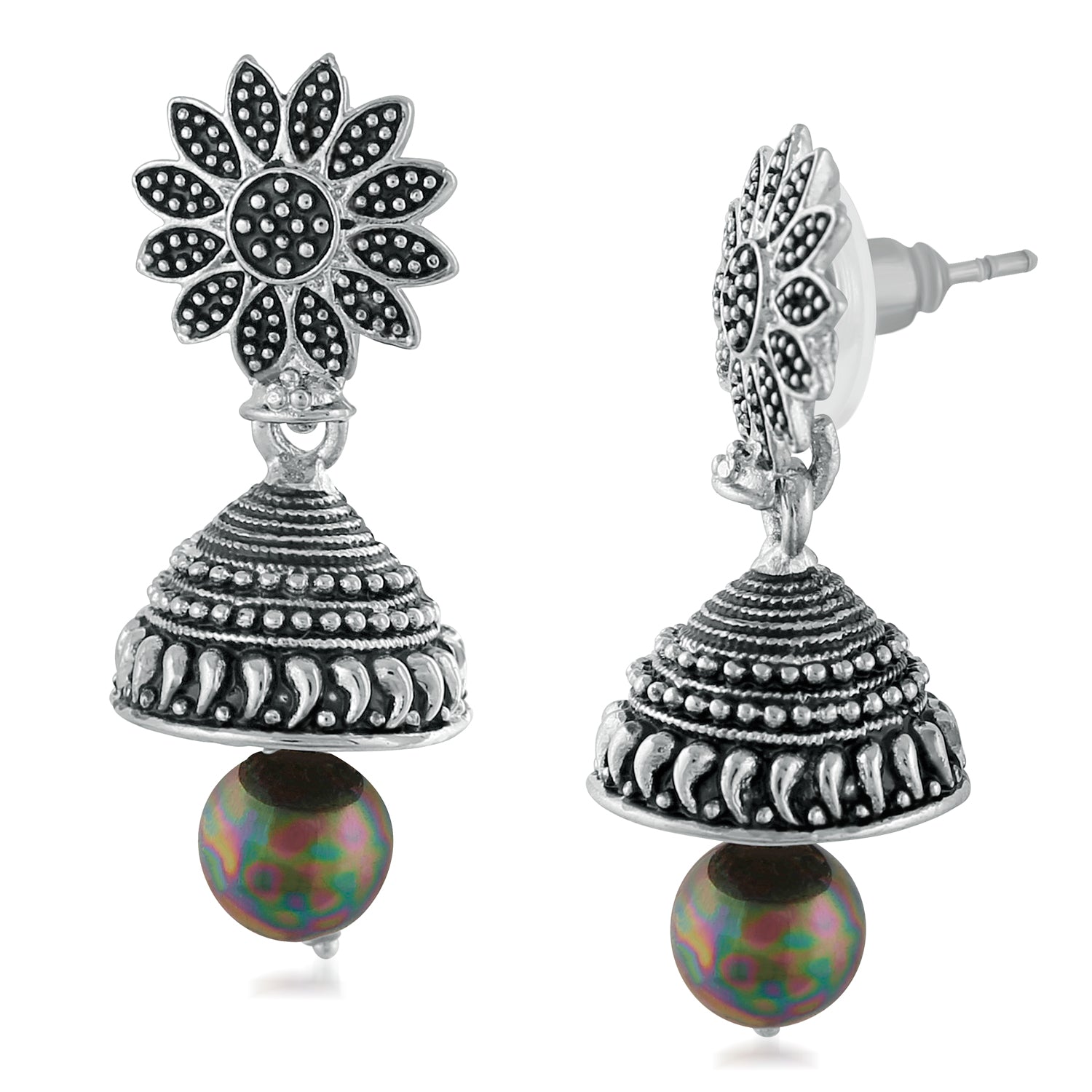 Meenakari Work Black Artificial Bead Floral Jhumka Drop Earrings