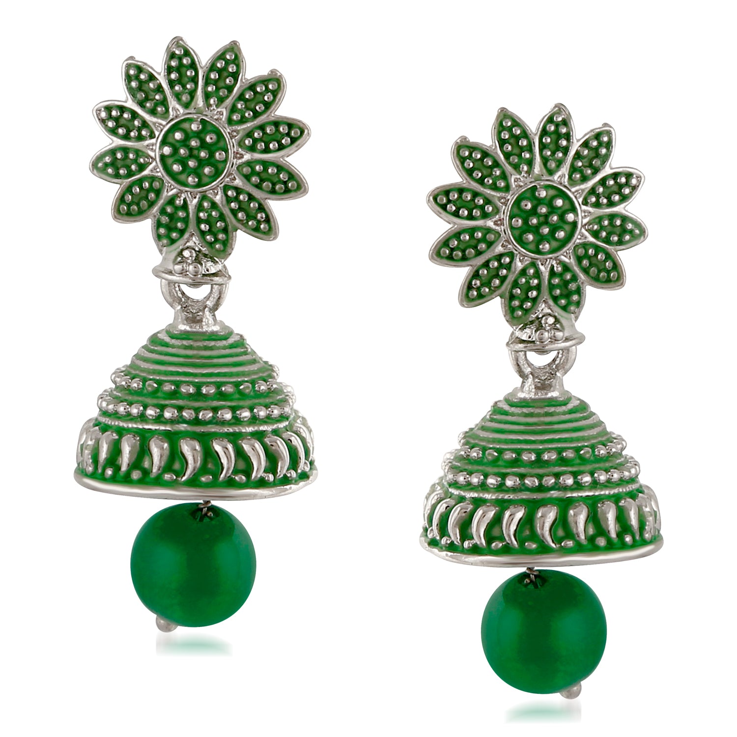 Meenakari Work Black Artificial Bead Floral Jhumka Drop Earrings