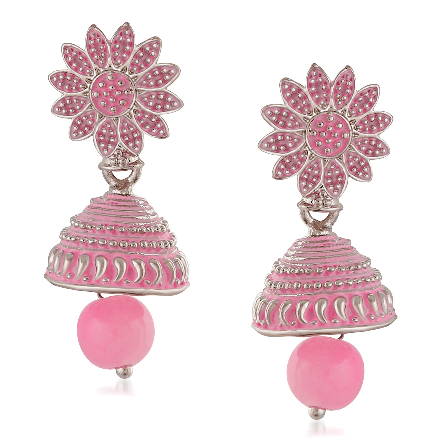 Meenakari Work Black Artificial Bead Floral Jhumka Drop Earrings