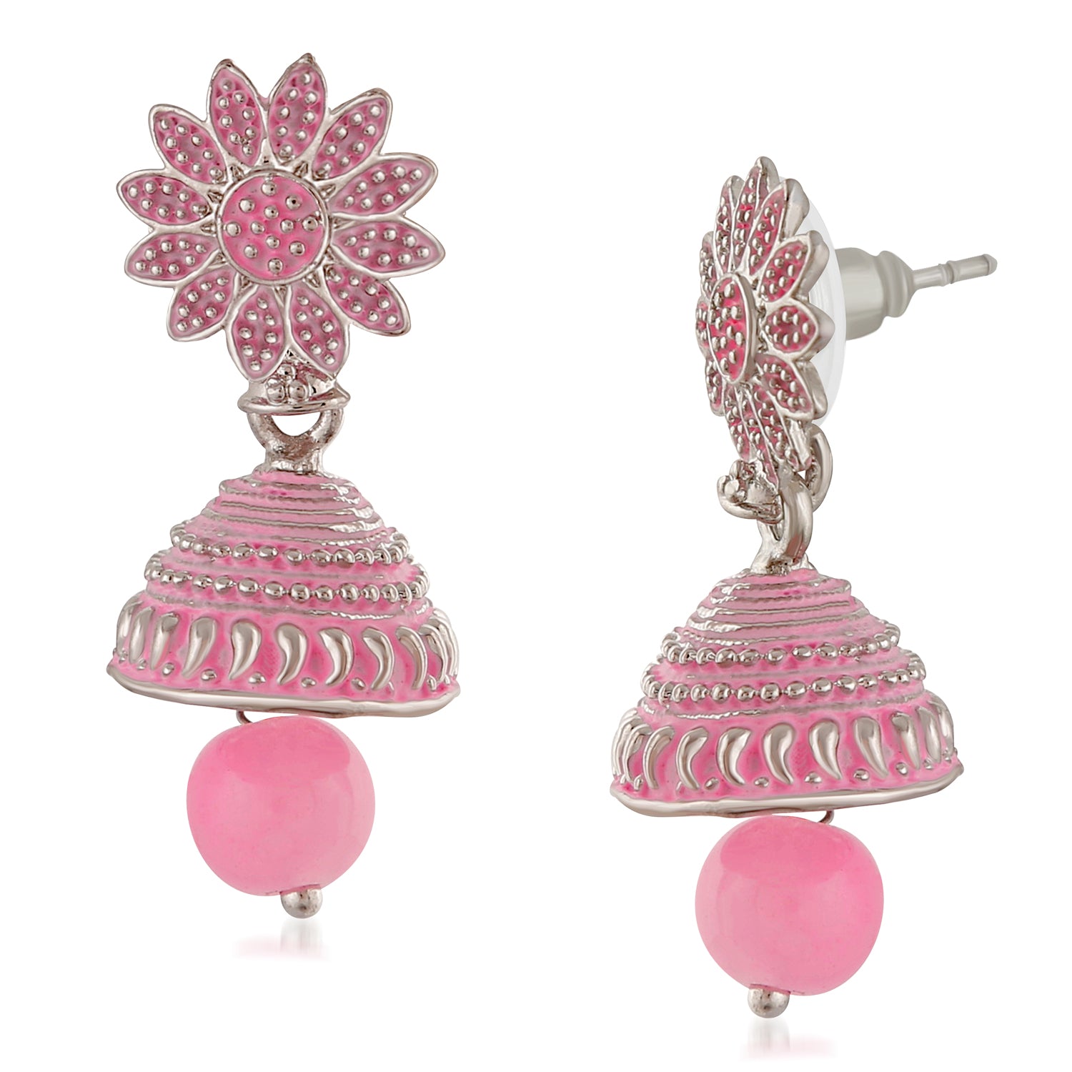 Meenakari Work Black Artificial Bead Floral Jhumka Drop Earrings