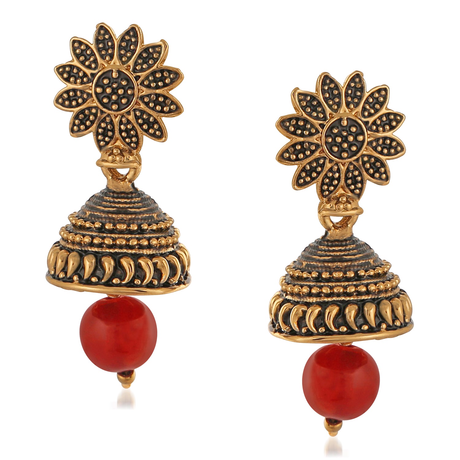 Meenakari Work Black Artificial Bead Floral Jhumka Drop Earrings