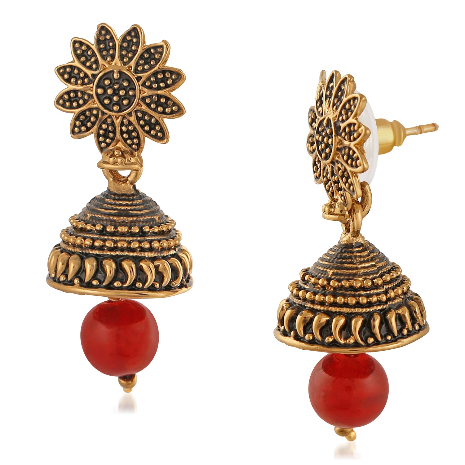 Meenakari Work Black Artificial Bead Floral Jhumka Drop Earrings