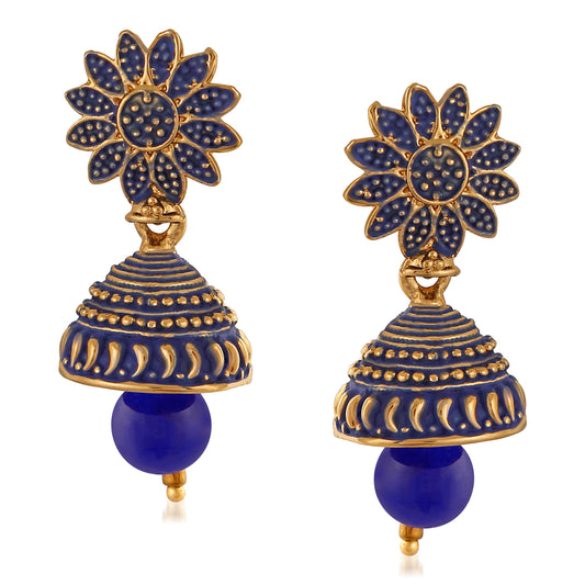 Meenakari Work Blue Artificial Bead Floral Jhumka Drop Earrings
