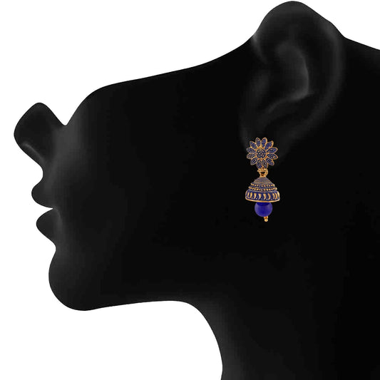 Meenakari Work Blue Artificial Bead Floral Jhumka Drop Earrings