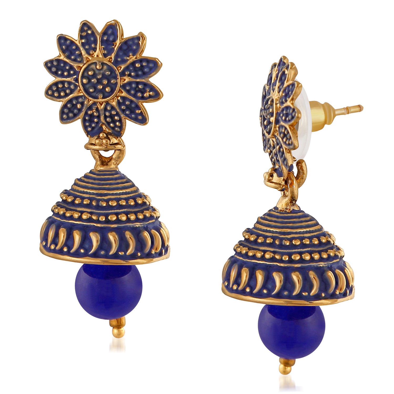 Meenakari Work Blue Artificial Bead Floral Jhumka Drop Earrings