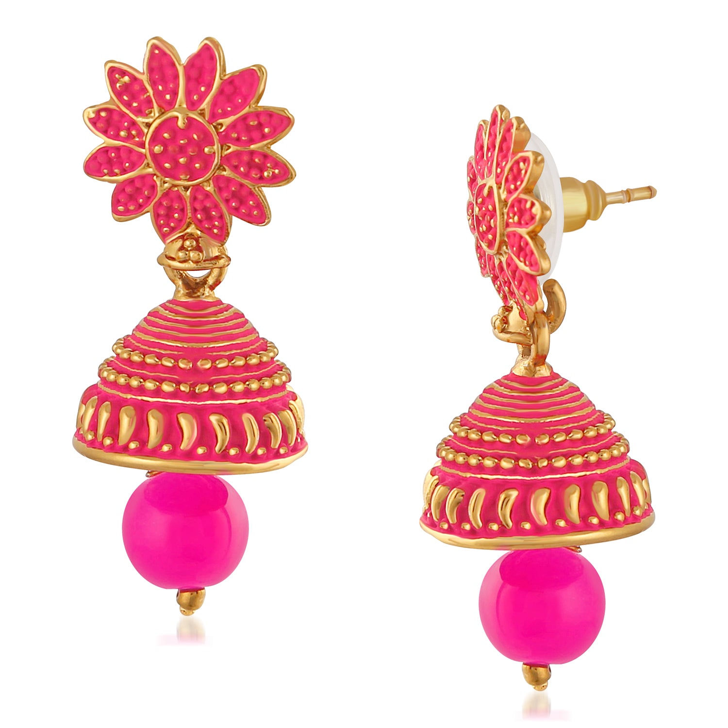 Meenakari Work Blue Artificial Bead Floral Jhumka Drop Earrings