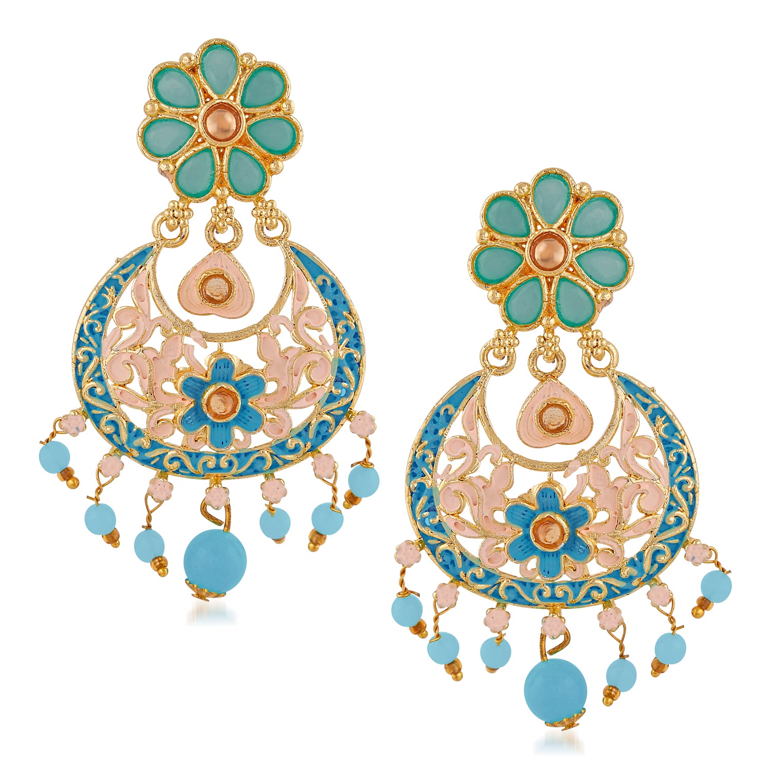 Meenakari Work Artificial Bead and Crystals Floral Dangle Drop Earrings