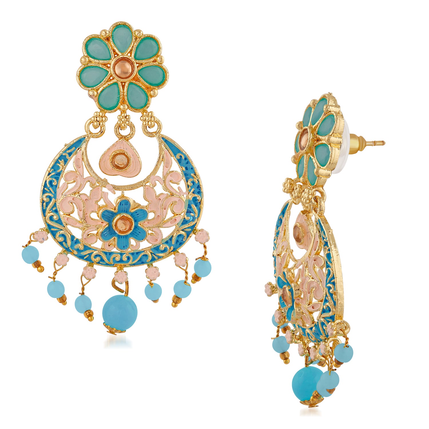 Meenakari Work Artificial Bead and Crystals Floral Dangle Drop Earrings