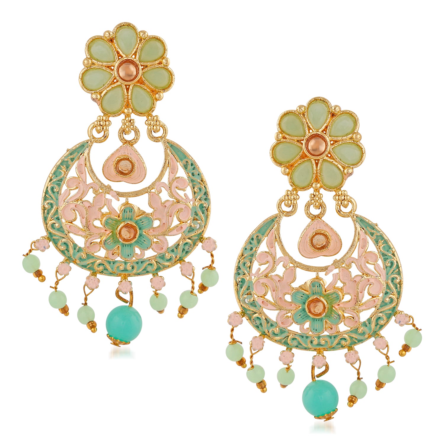 Meenakari Work Artificial Bead and Crystals Floral Dangle Drop Earrings