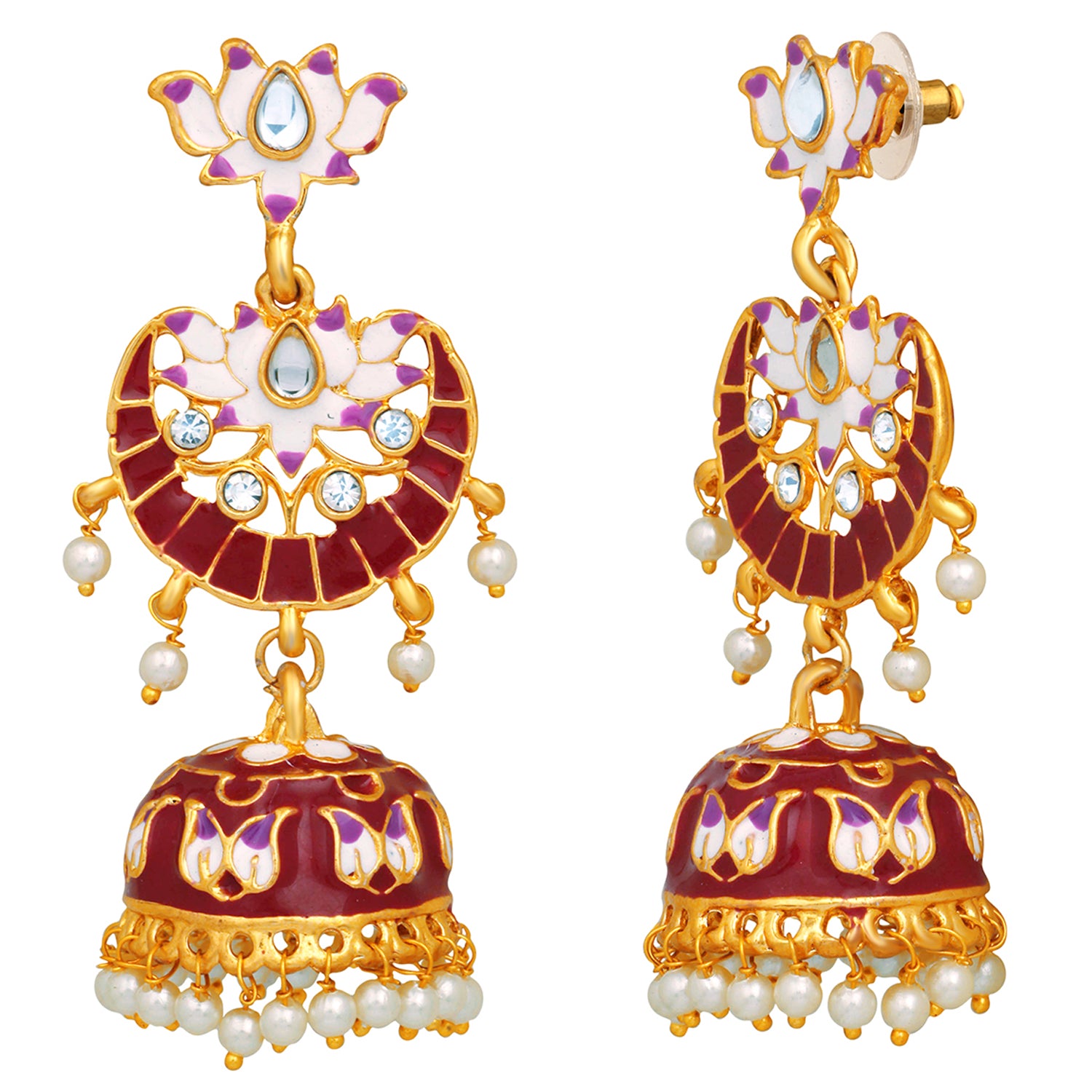Meenakari Work Enamelled Lotus Shaped Dangle Jhumka Earrings
