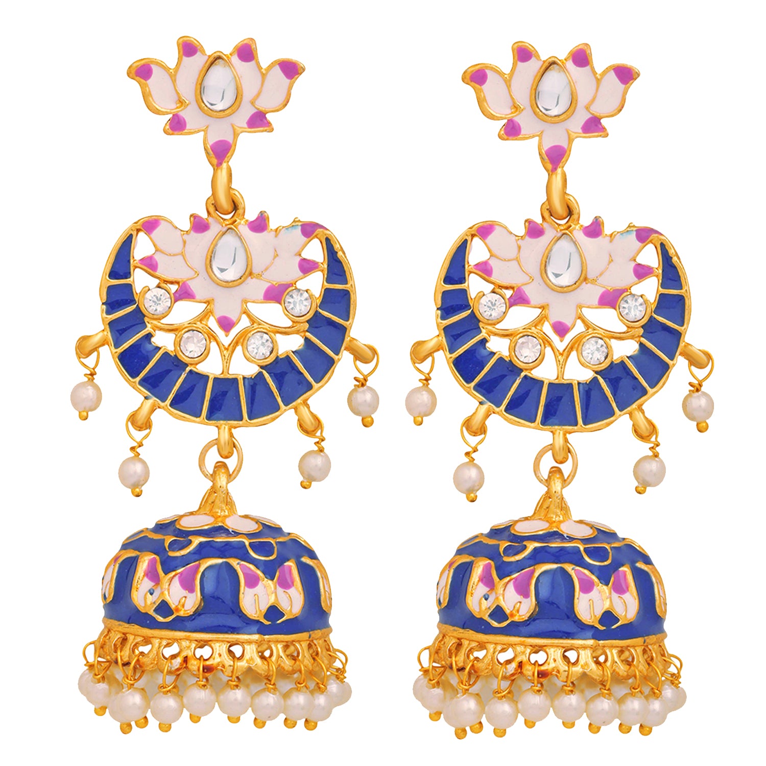 Meenakari Work Enamelled Lotus Shaped Dangle Jhumka Earrings