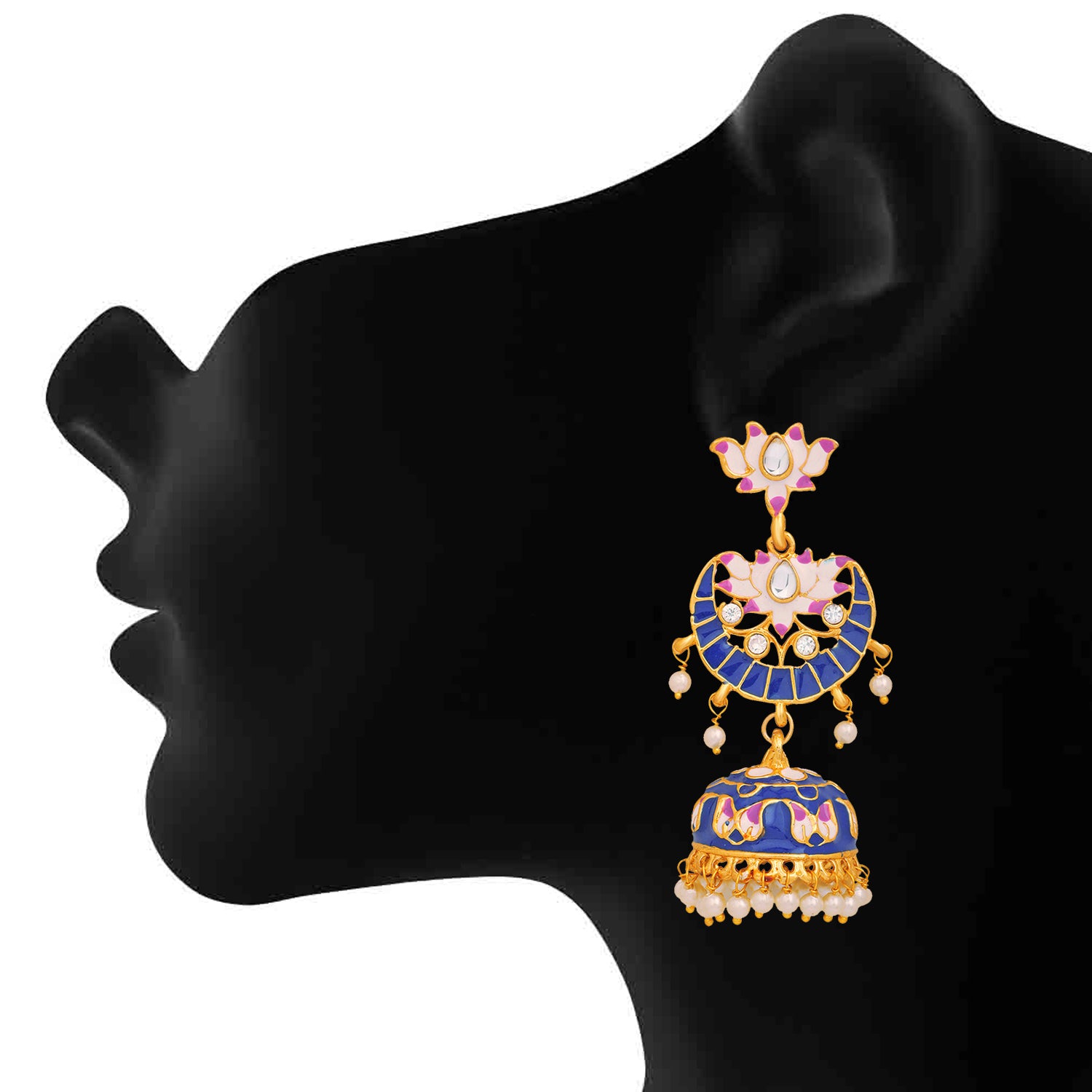 Meenakari Work Enamelled Lotus Shaped Dangle Jhumka Earrings