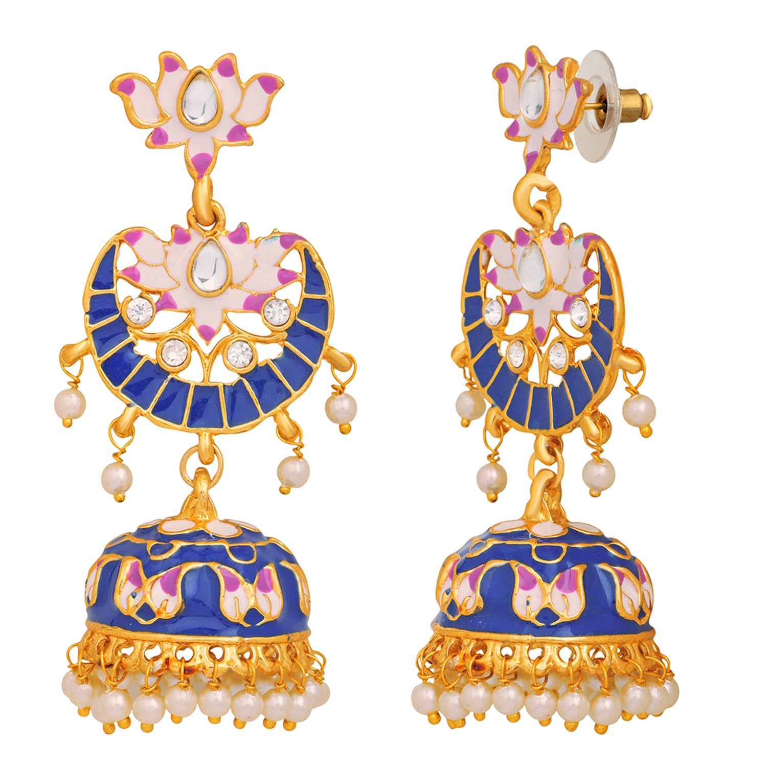 Meenakari Work Enamelled Lotus Shaped Dangle Jhumka Earrings