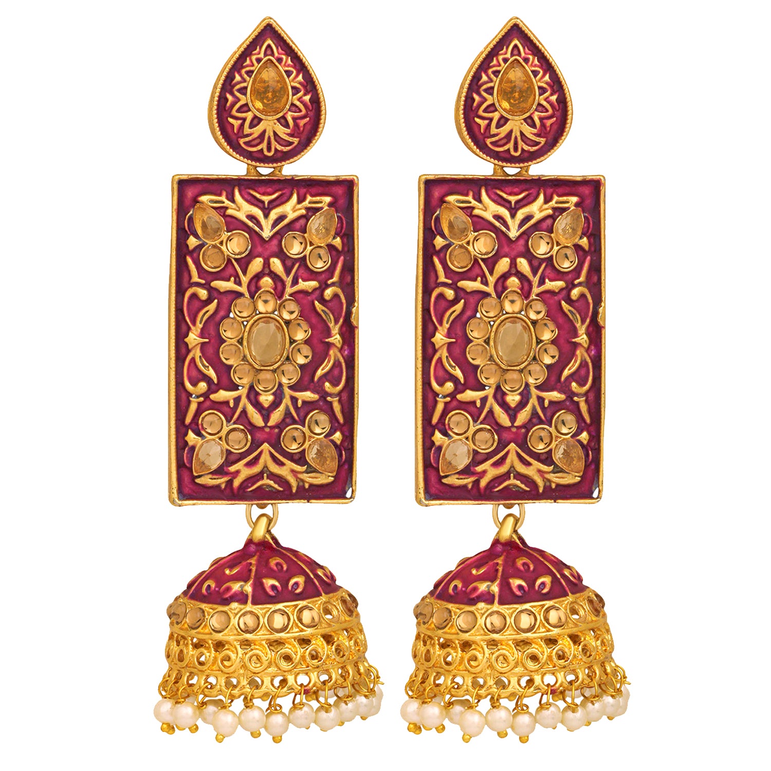 Meenakari Work Enamelled Rectangular Dangle Jhumka Earrings