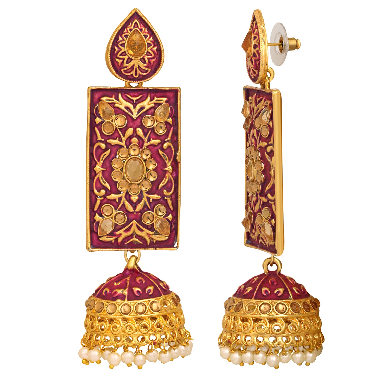 Meenakari Work Enamelled Rectangular Dangle Jhumka Earrings