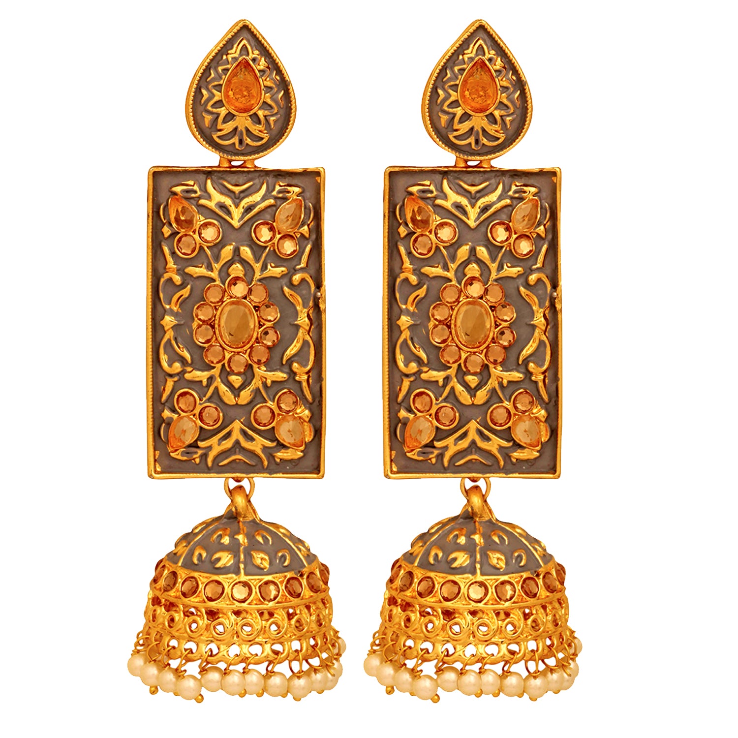 Meenakari Work Enamelled Rectangular Dangle Jhumka Earrings