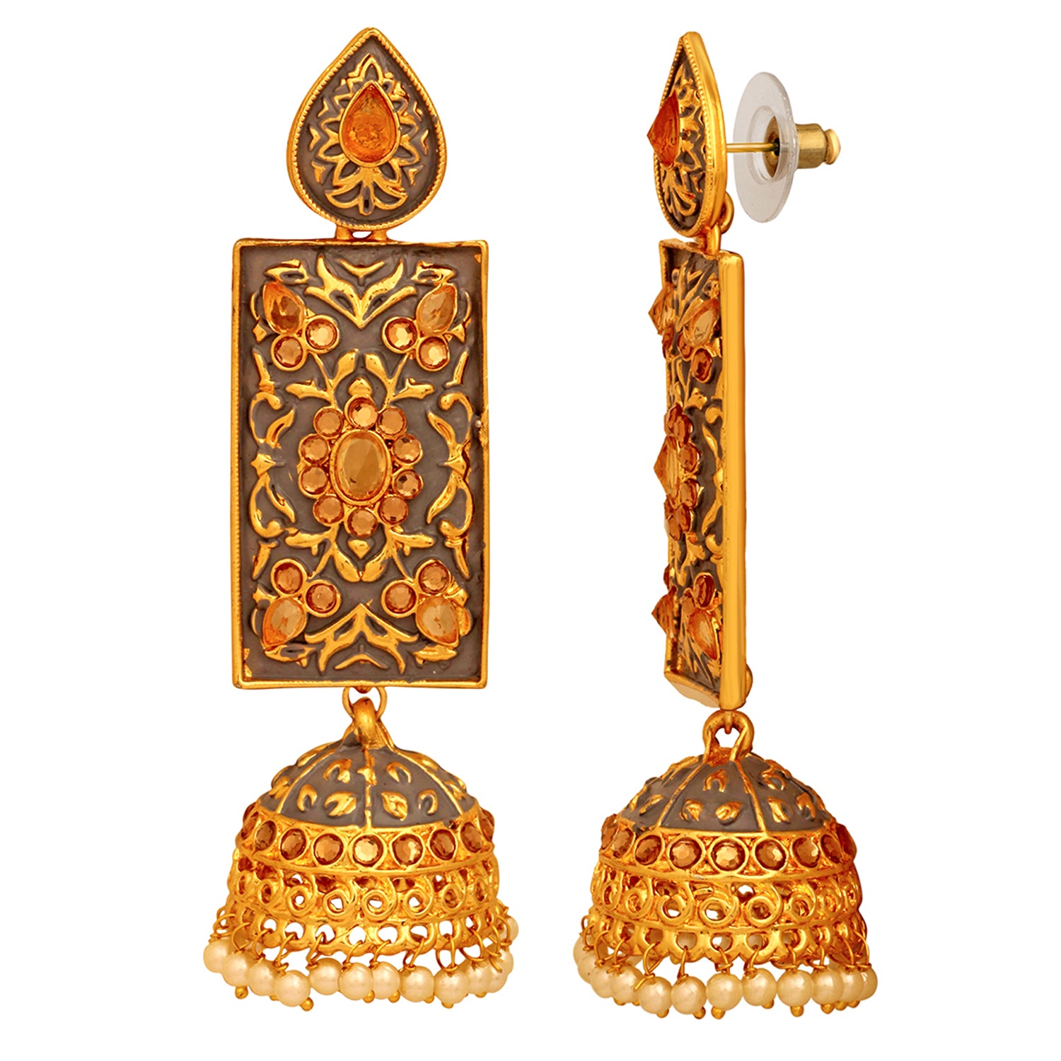 Meenakari Work Enamelled Rectangular Dangle Jhumka Earrings