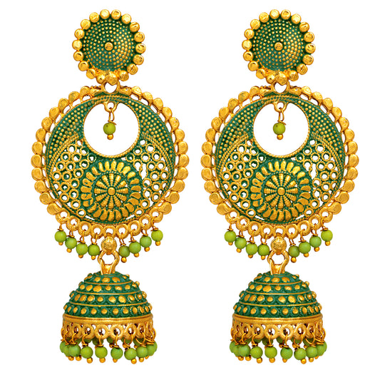 Green Meenakari Work Enamelled Dangle Jhumka Earrings