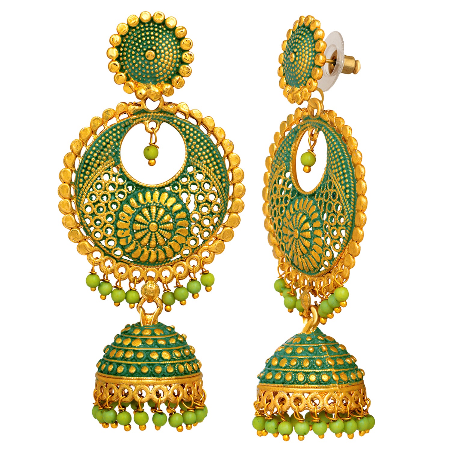 Green Meenakari Work Enamelled Dangle Jhumka Earrings