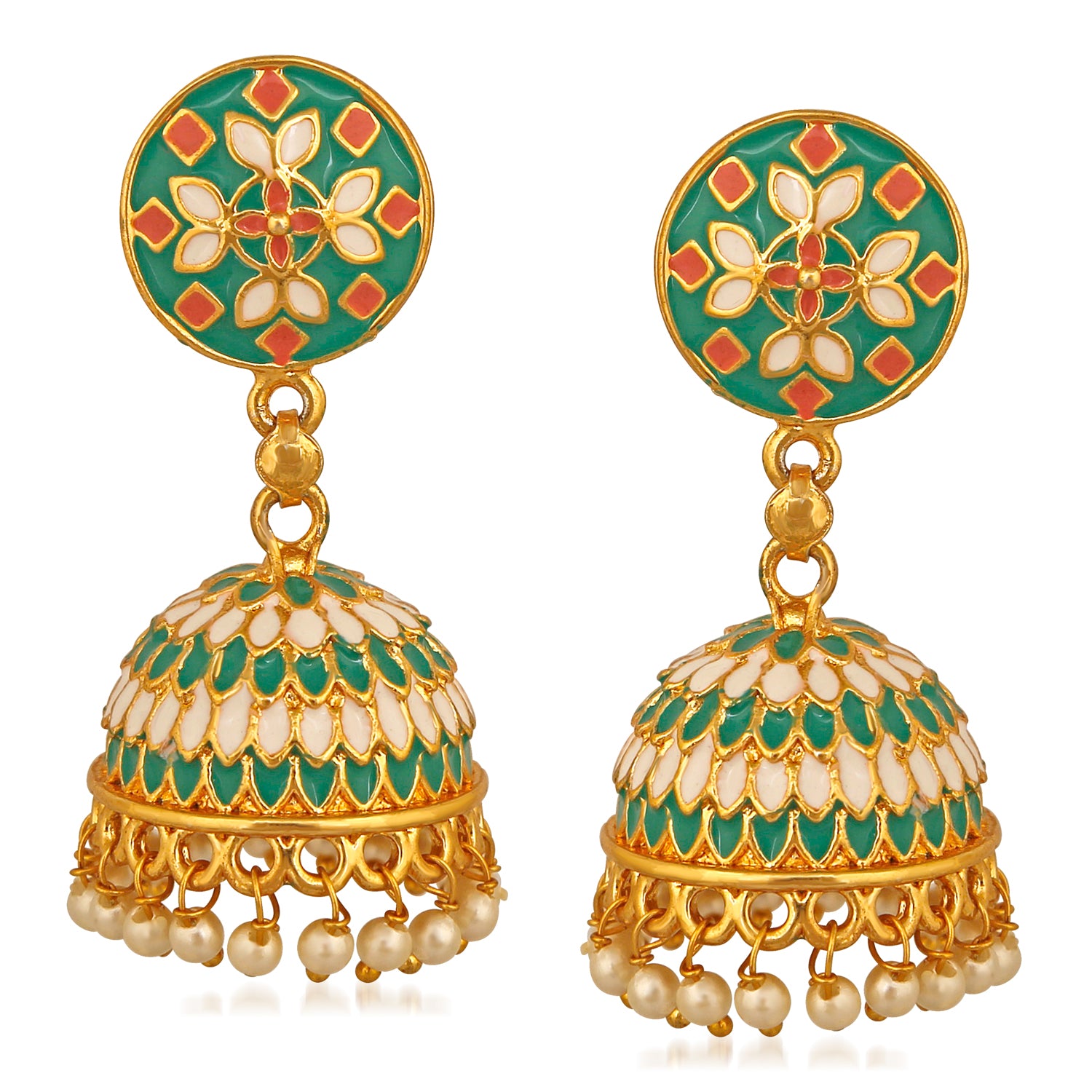 Traditional Green Designer Enamel Artificial Pearl Jhumki Earrings
