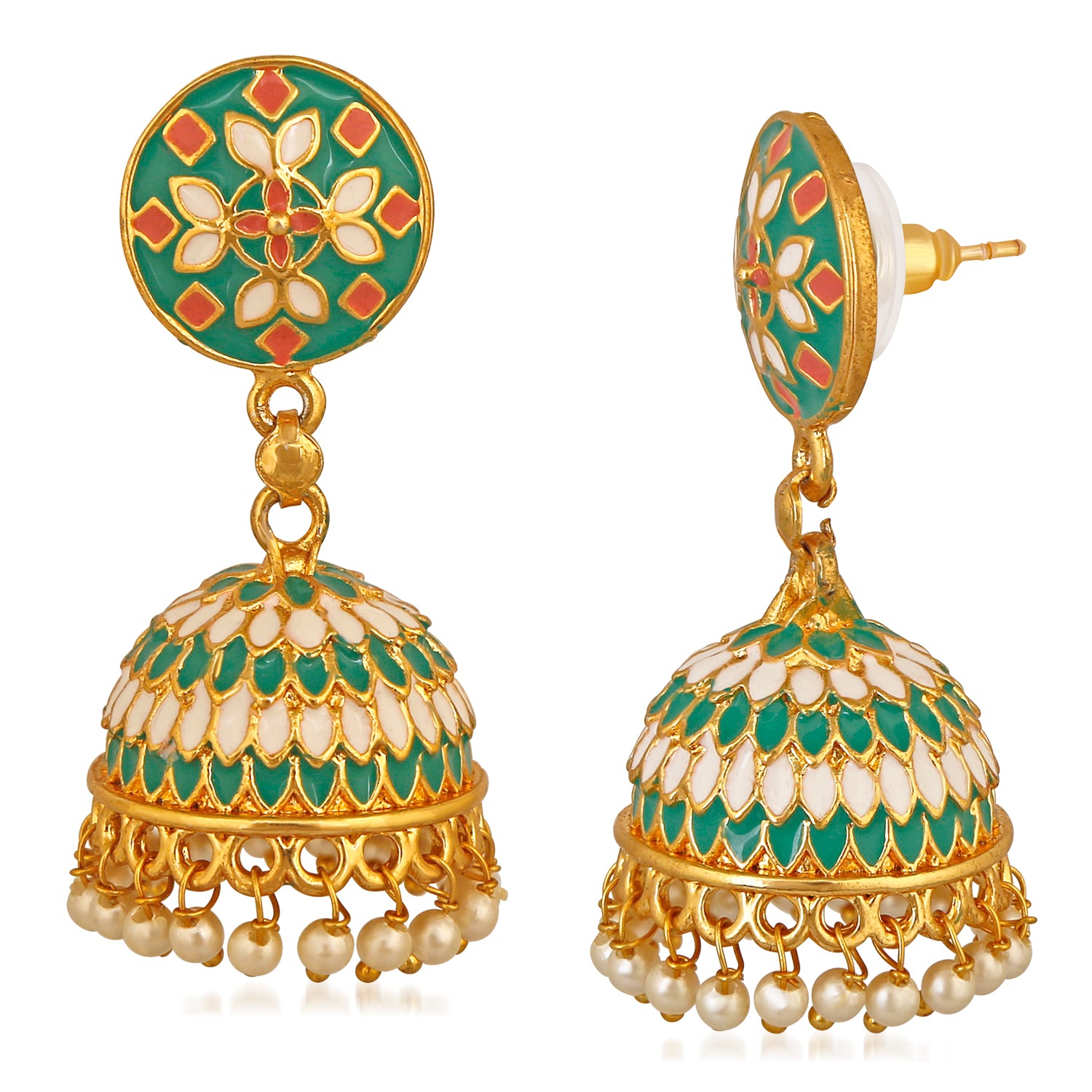 Traditional Green Designer Enamel Artificial Pearl Jhumki Earrings