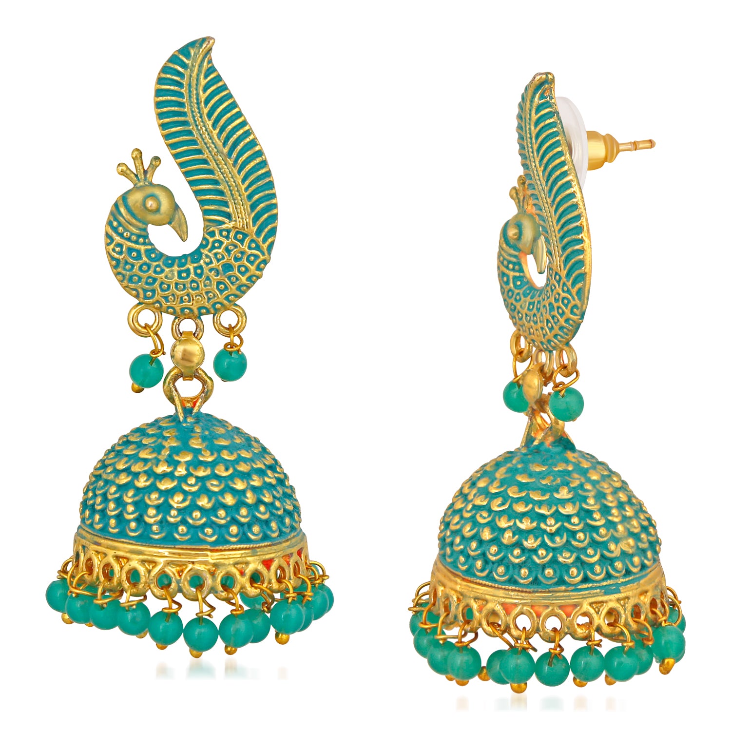Gold Tone Blue Meenakari work Blooming Peacock Shaped Jhumki Earrings