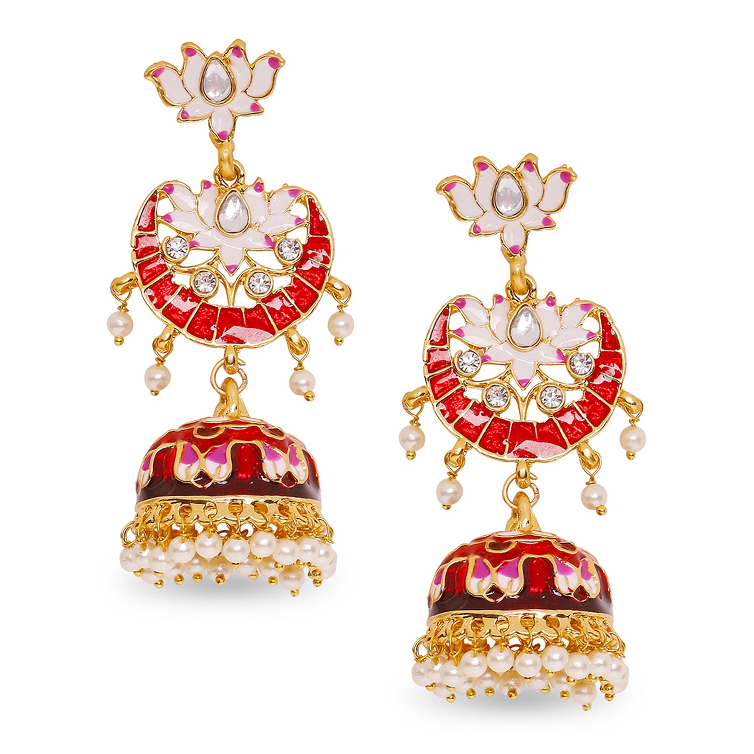 Meenakari Work Enamelled Lotus Shaped Dangle Jhumka Earrings