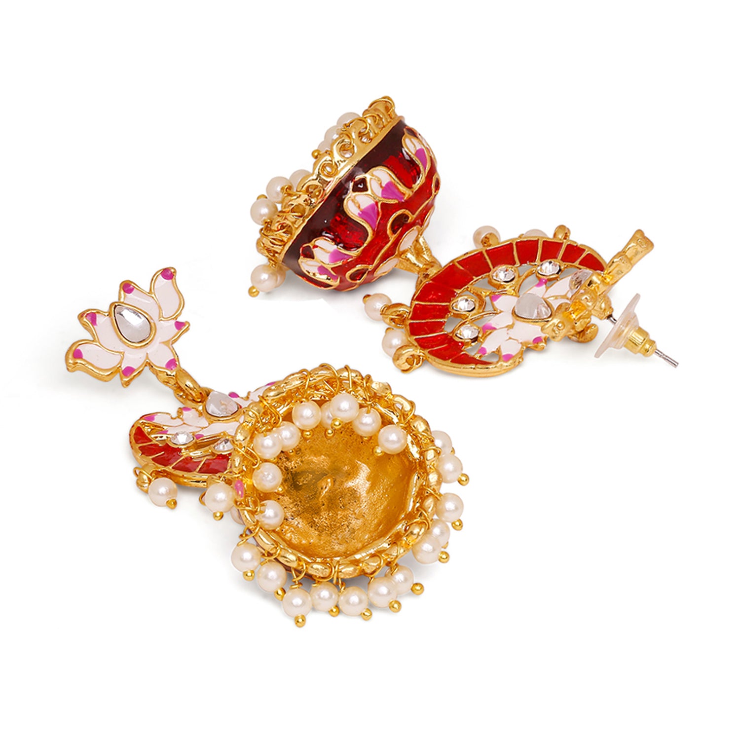 Meenakari Work Enamelled Lotus Shaped Dangle Jhumka Earrings