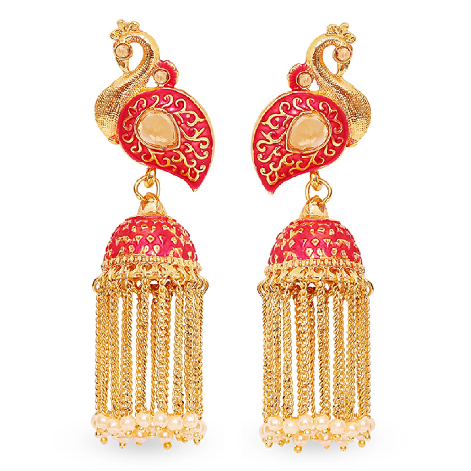 Meenakari work Peacock Shaped Tassel Chain Jhumki Earrings