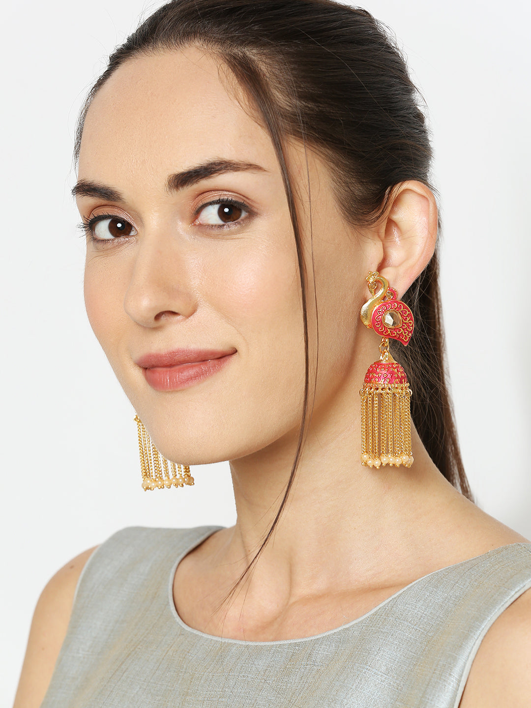 Meenakari work Peacock Shaped Tassel Chain Jhumki Earrings
