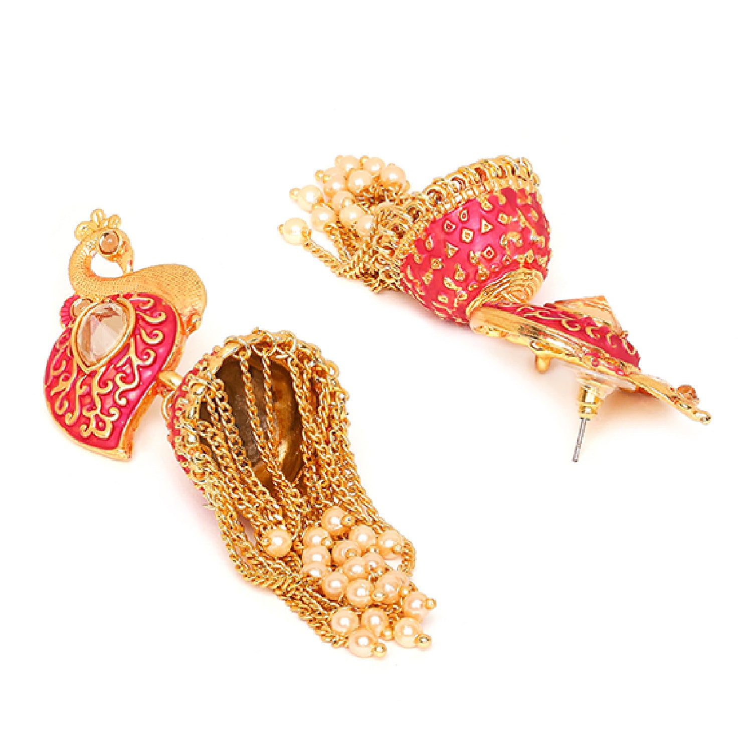 Meenakari work Peacock Shaped Tassel Chain Jhumki Earrings