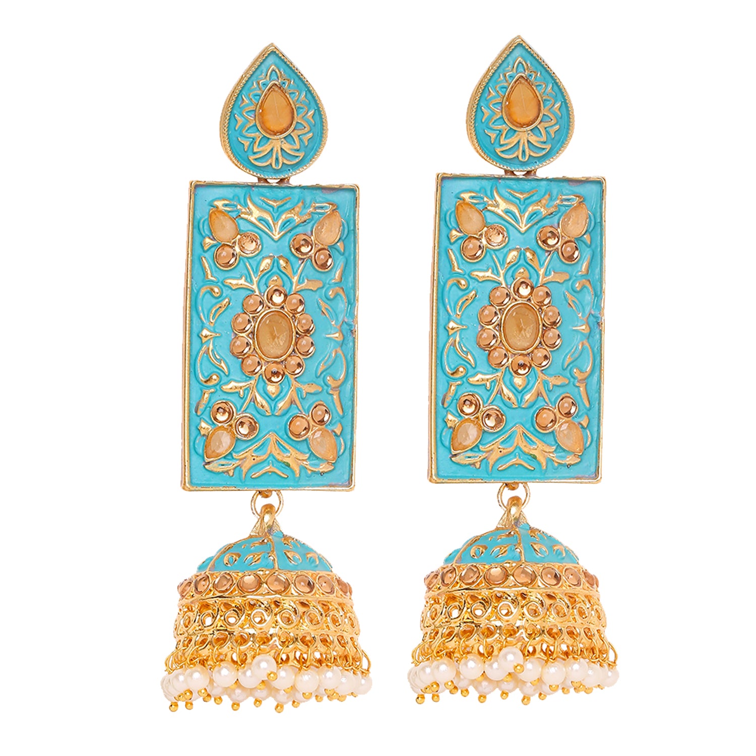 Meenakari Work Enamelled Rectangular Dangle Jhumka Earrings