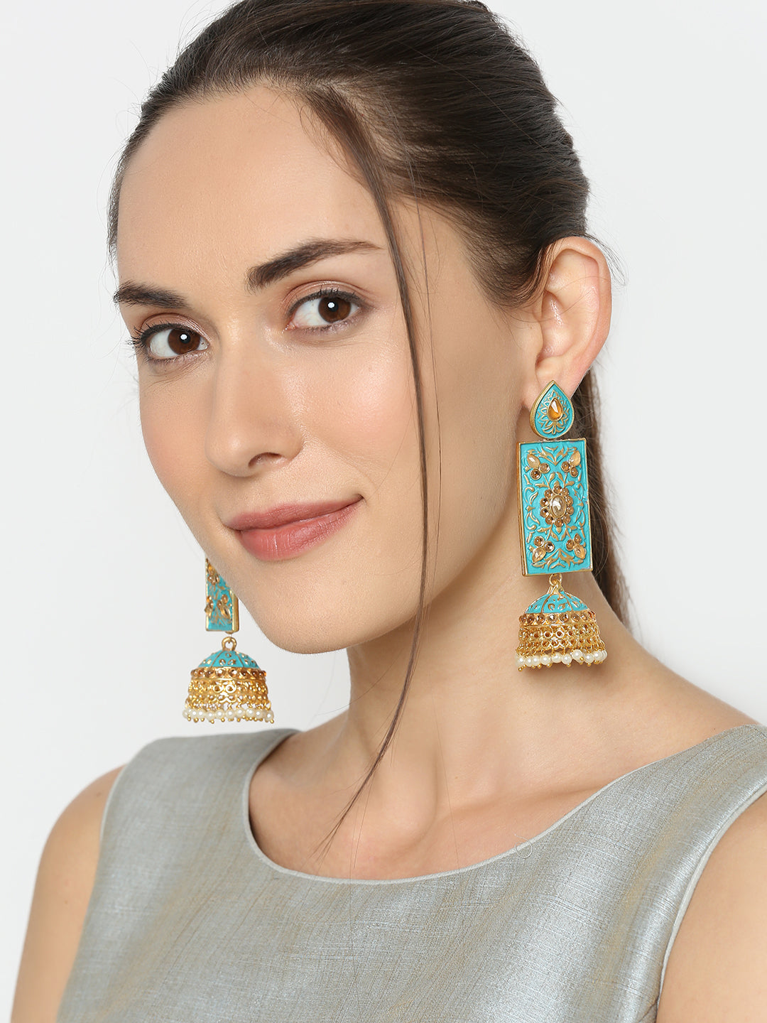 Meenakari Work Enamelled Rectangular Dangle Jhumka Earrings
