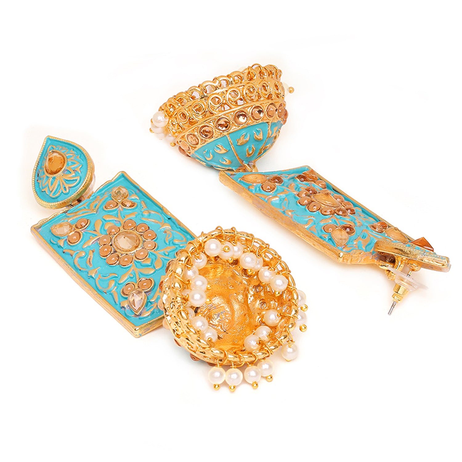 Meenakari Work Enamelled Rectangular Dangle Jhumka Earrings