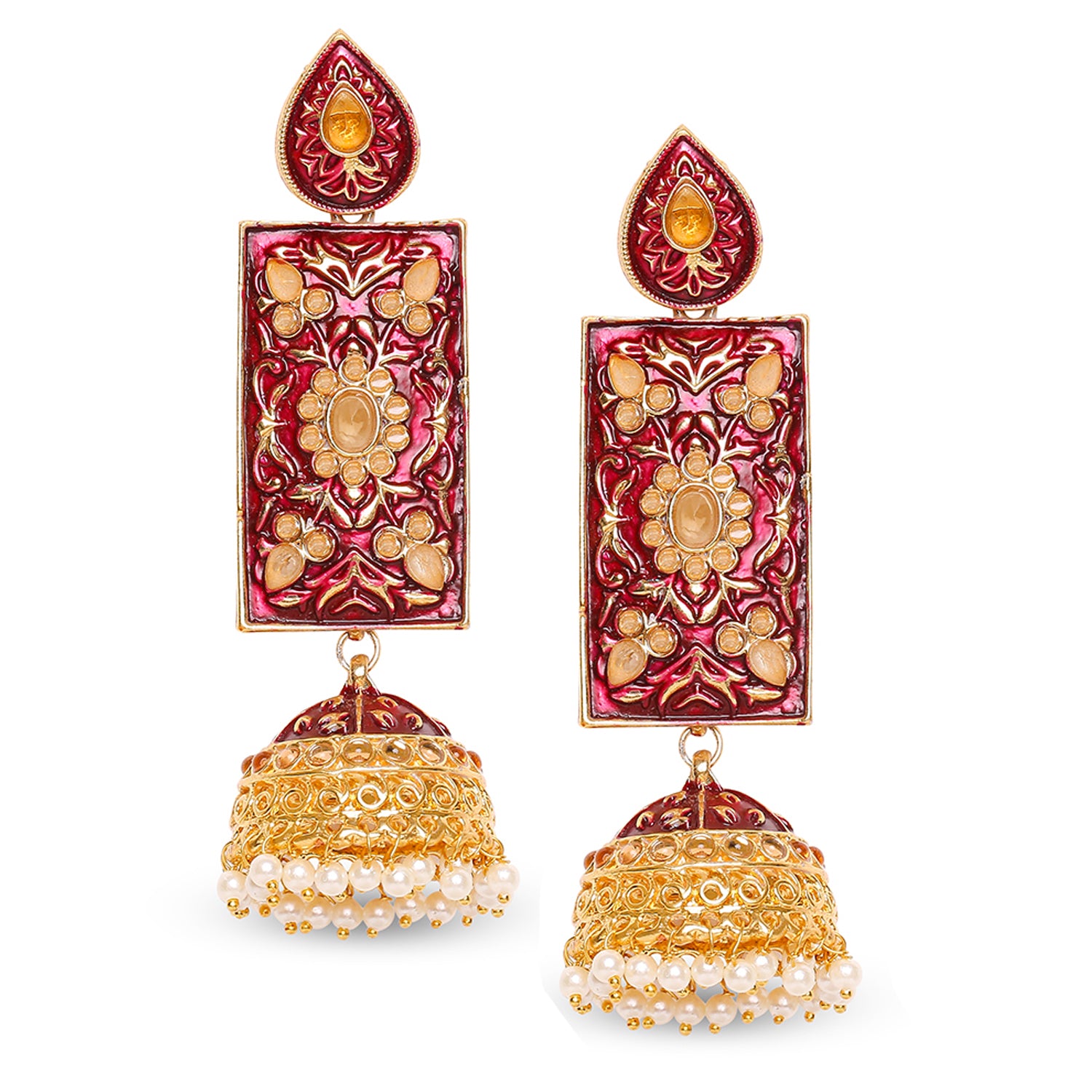 Meenakari Work Enamelled Rectangular Dangle Jhumka Earrings