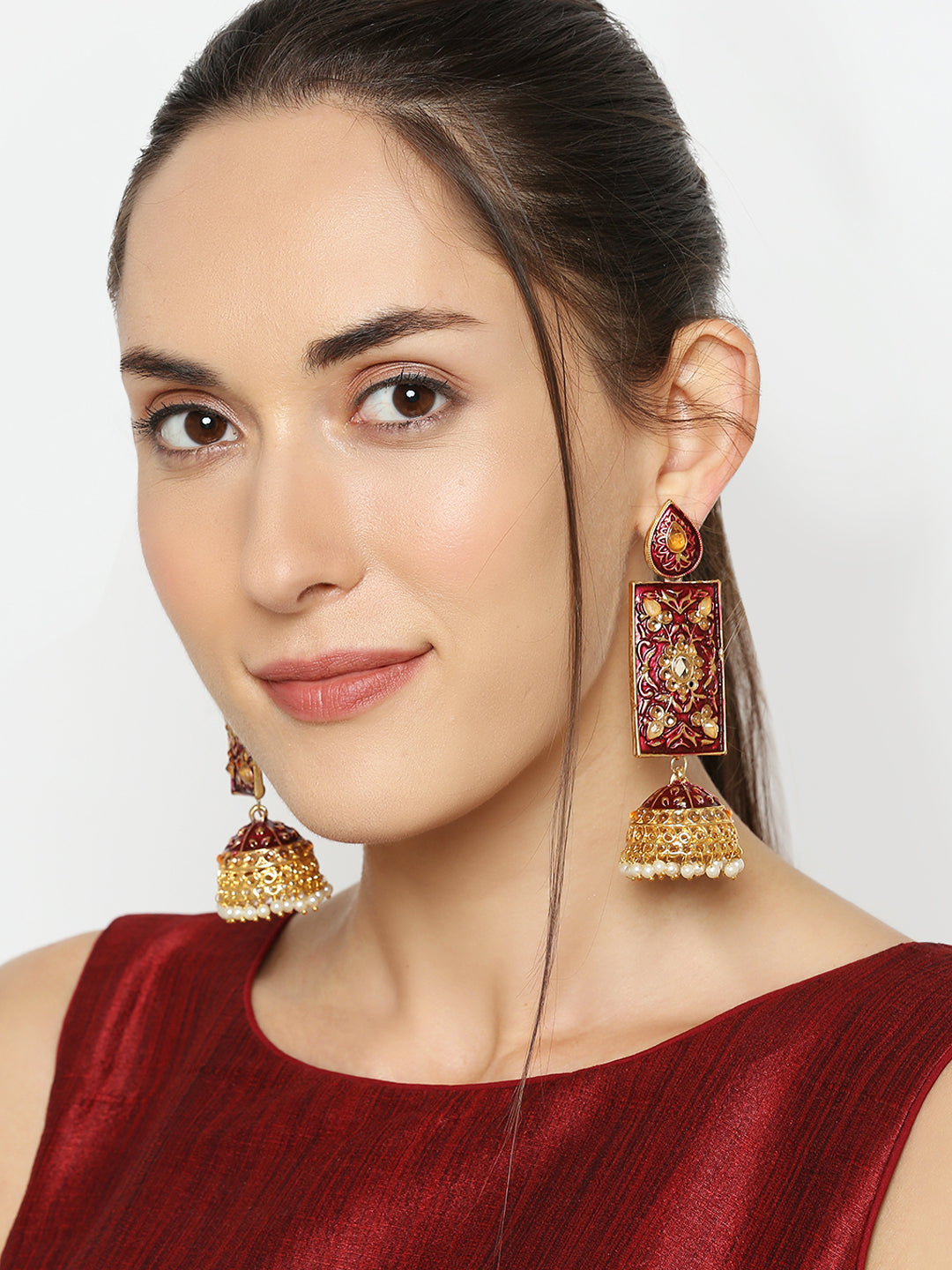 Meenakari Work Enamelled Rectangular Dangle Jhumka Earrings