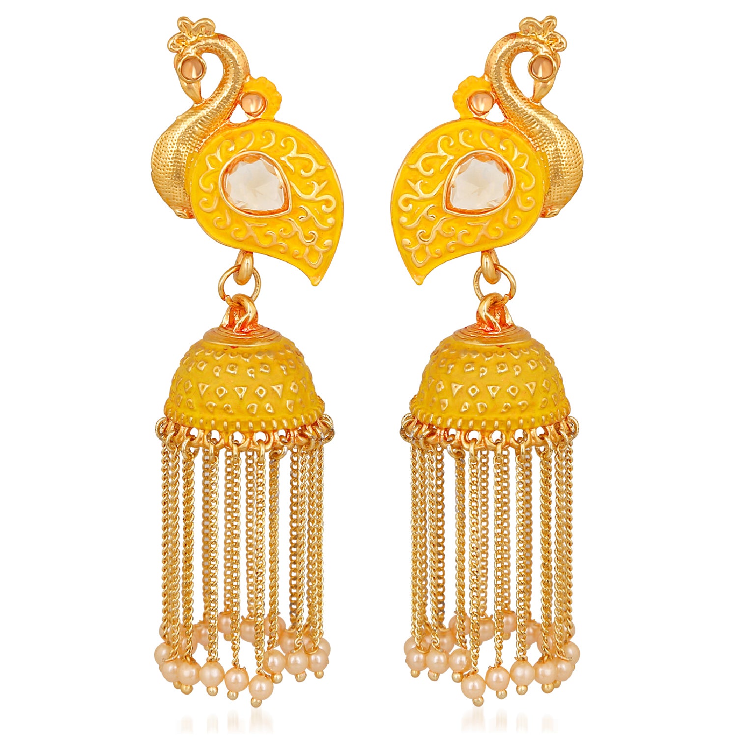Meenakari work Peacock Shaped Tassel Chain Jhumki Earrings