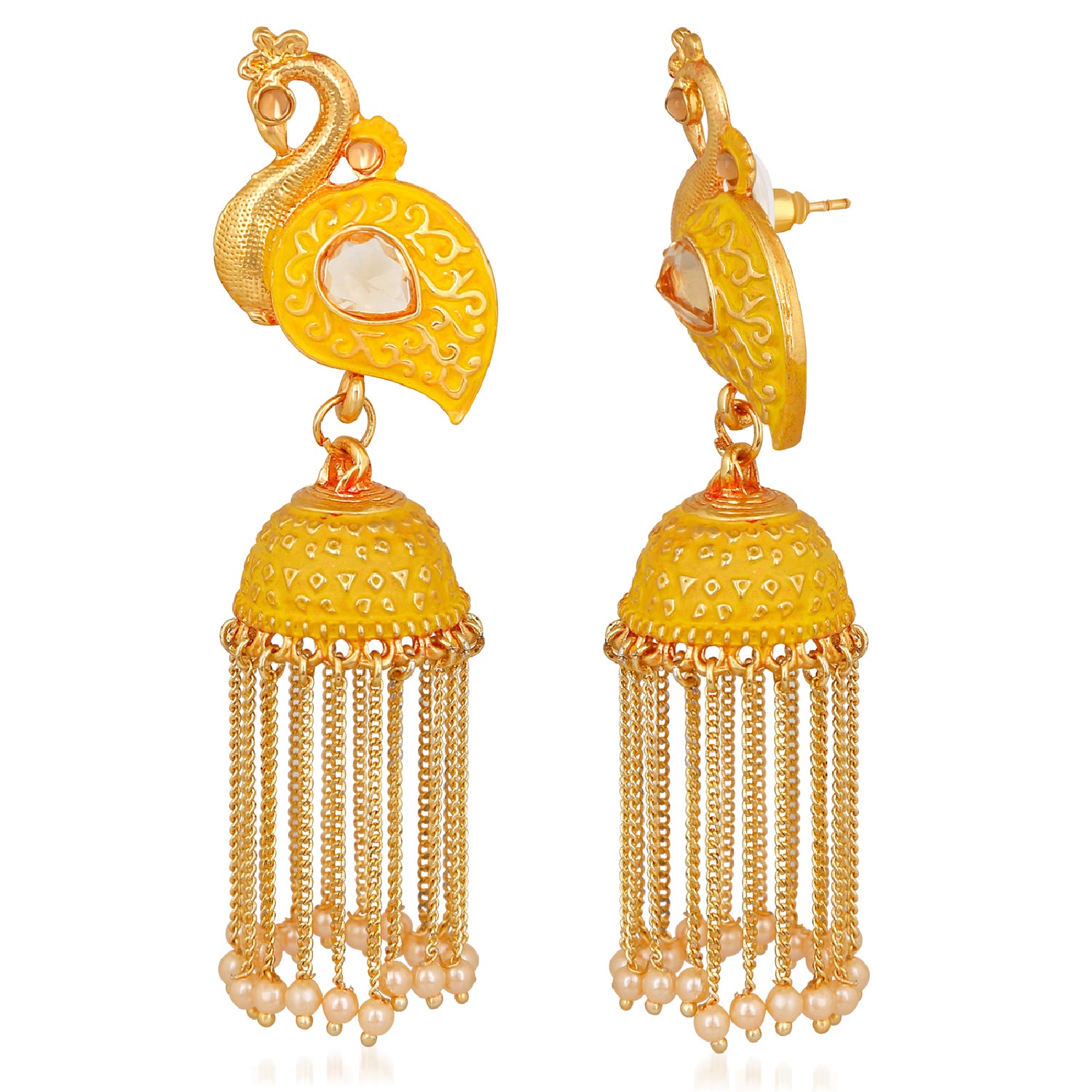 Meenakari work Peacock Shaped Tassel Chain Jhumki Earrings