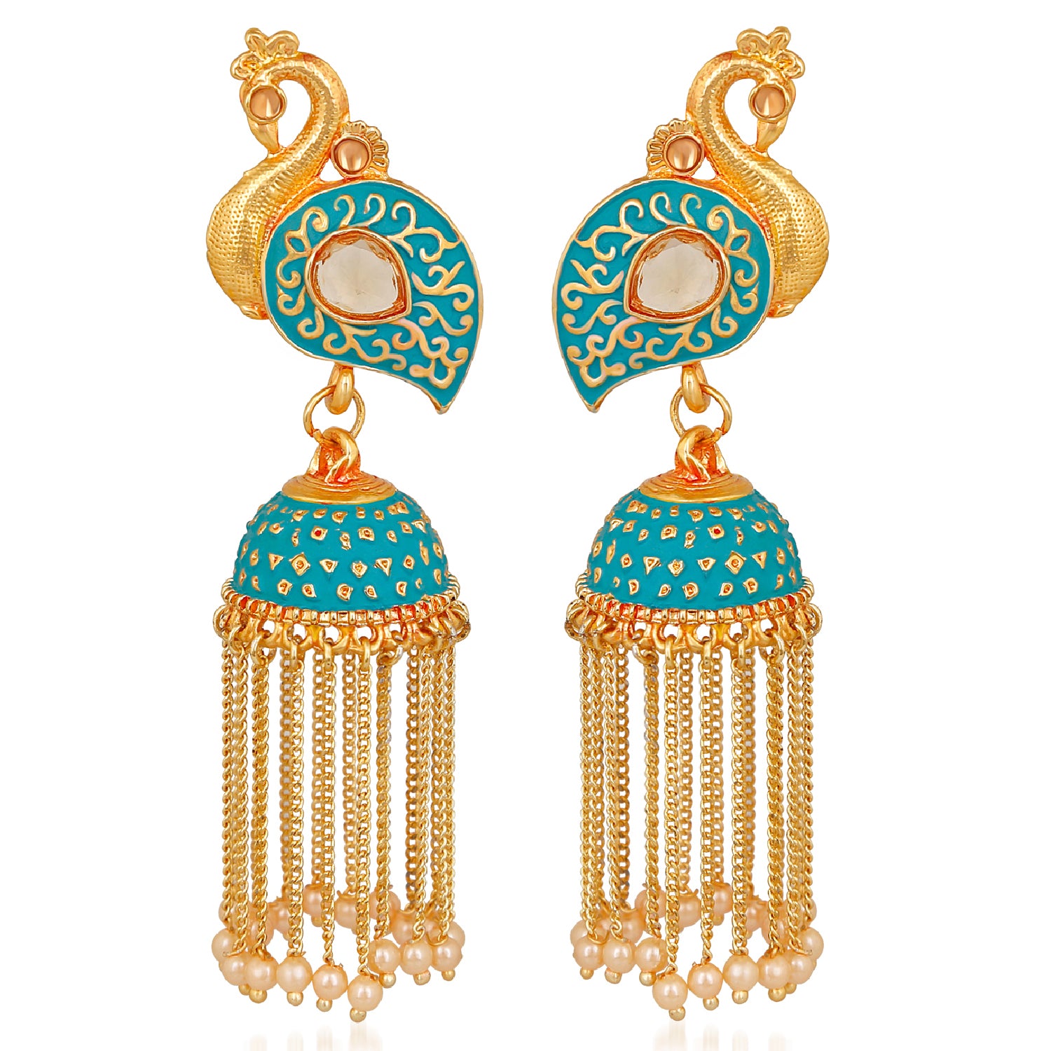 Meenakari work Peacock Shaped Tassel Chain Jhumki Earrings