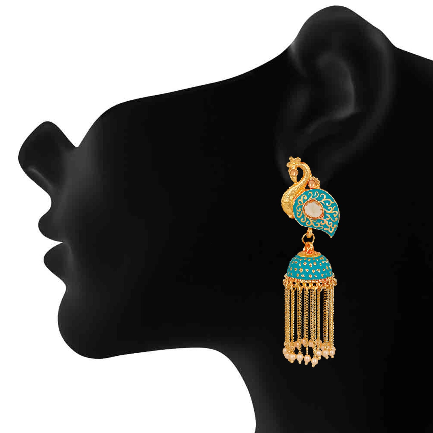 Meenakari work Peacock Shaped Tassel Chain Jhumki Earrings