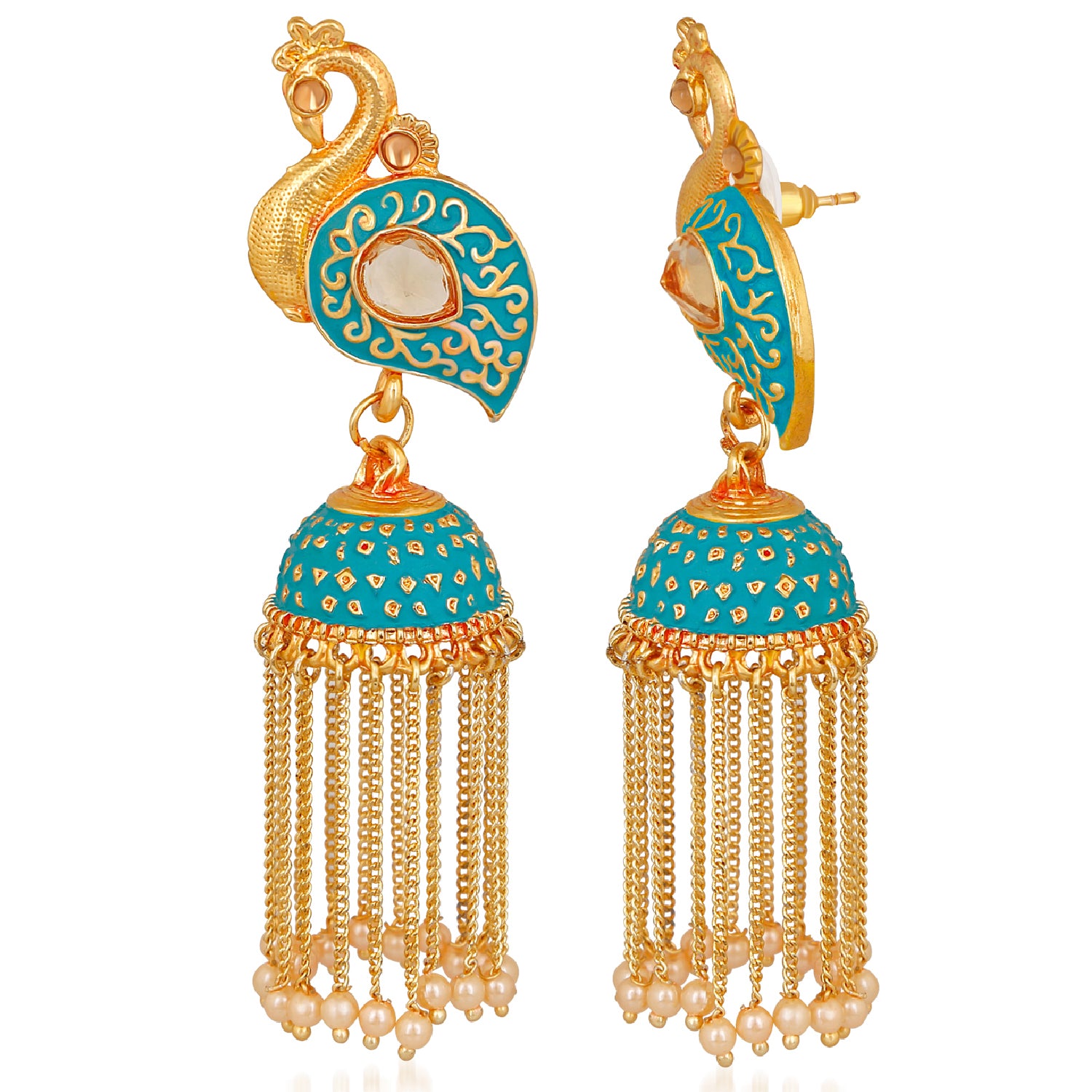 Meenakari work Peacock Shaped Tassel Chain Jhumki Earrings