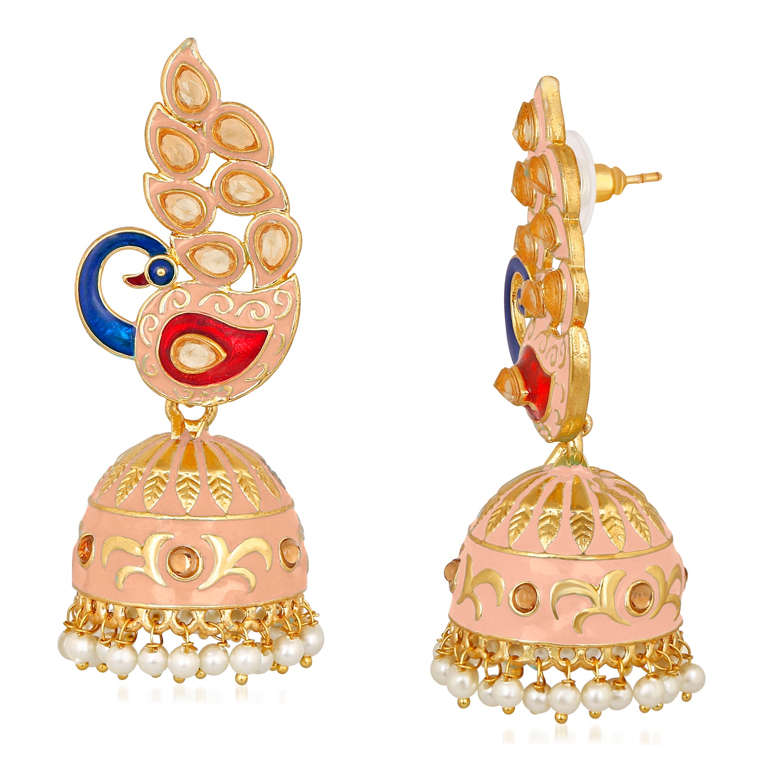 Traditional Ethnic Pink Meena Peacock Dangle Jumka Earrings
