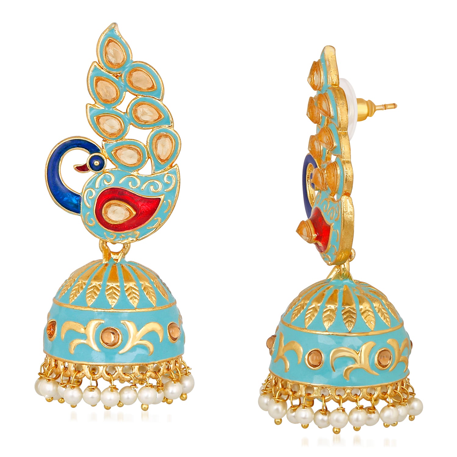 Traditional Ethnic Pink Meena Peacock Dangle Jumka Earrings