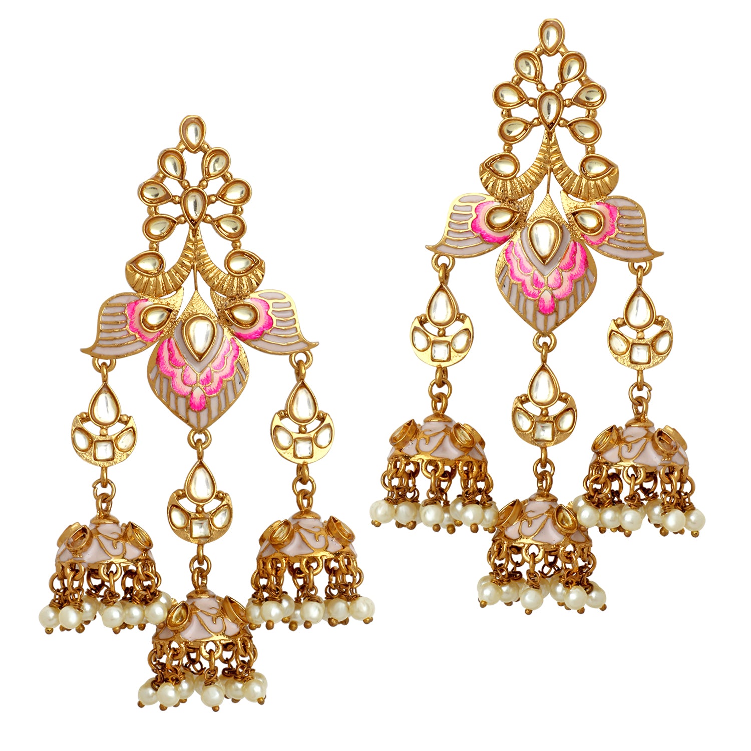 Traditional Meenakari Dangler Jhumki Earrings with Pearls and Crystals