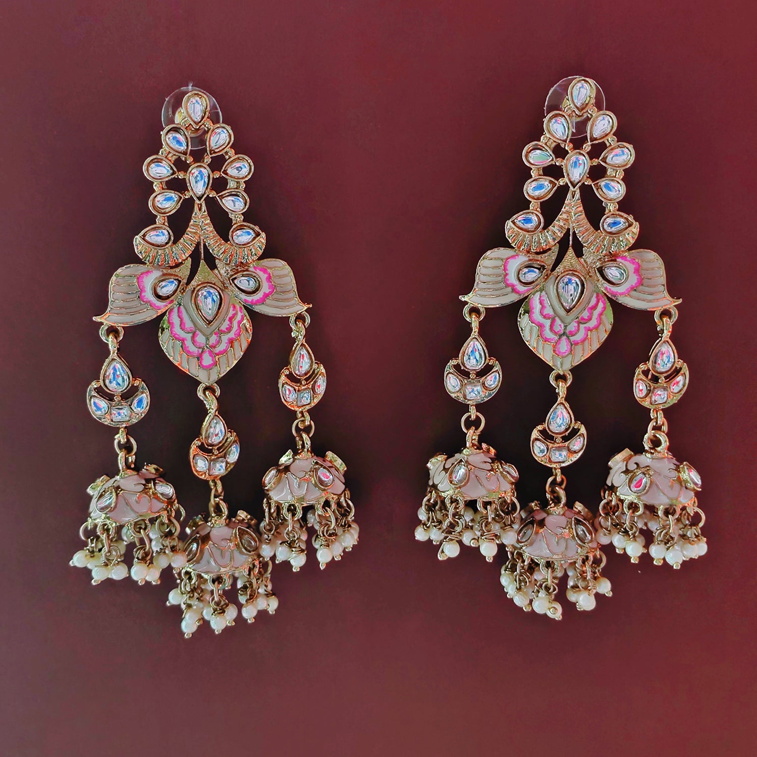 Traditional Meenakari Dangler Jhumki Earrings with Pearls and Crystals