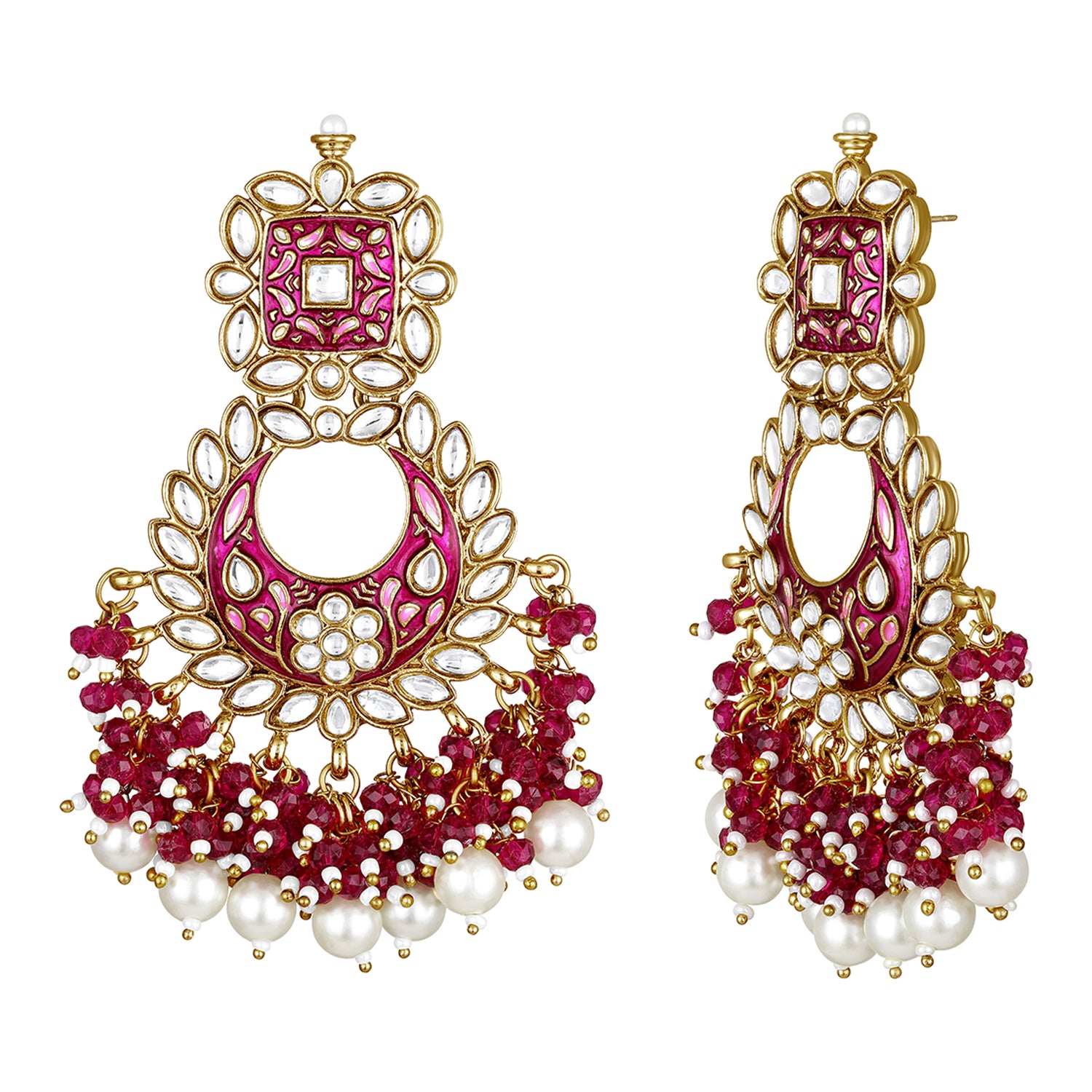 Maroon Meenakari Work Floral Chandbali Traditional Dangler Earrings with Crystals and Beads