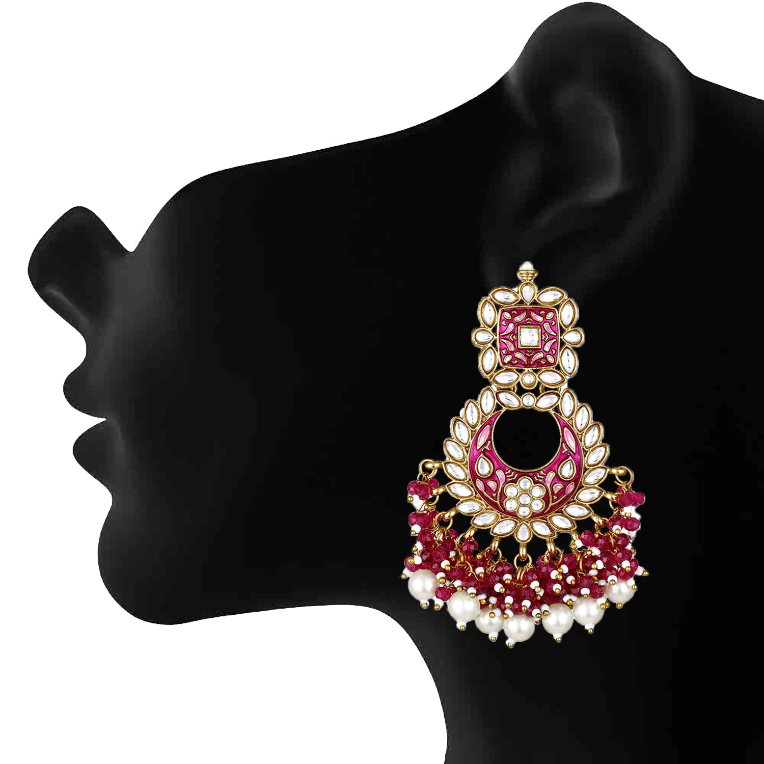 Maroon Meenakari Work Floral Chandbali Traditional Dangler Earrings with Crystals and Beads