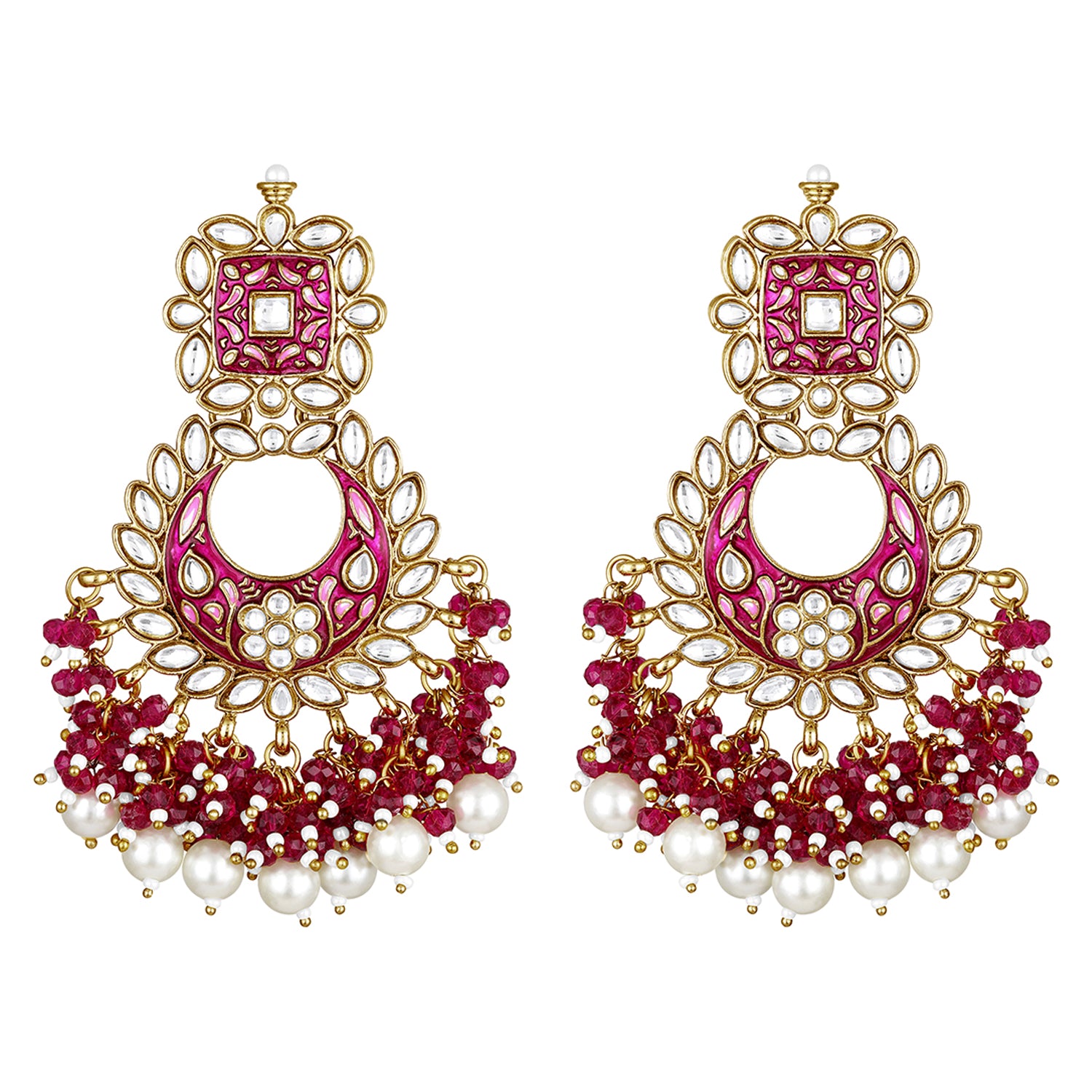 Maroon Meenakari Work Floral Chandbali Traditional Dangler Earrings with Crystals and Beads