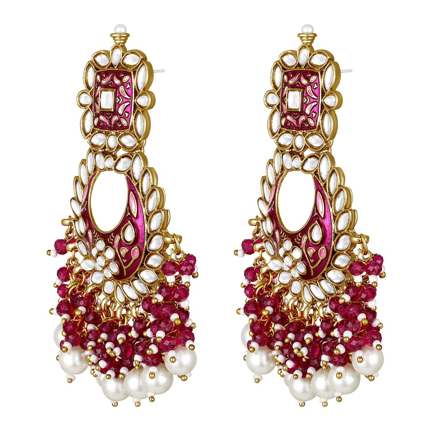 Maroon Meenakari Work Floral Chandbali Traditional Dangler Earrings with Crystals and Beads