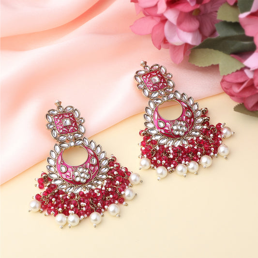 Maroon Meenakari Work Floral Chandbali Traditional Dangler Earrings with Crystals and Beads